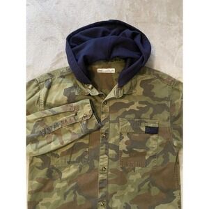 Zara Kids Shirt Jacket Youth 13-14 Yrs Green Camo Hooded Button Front Army